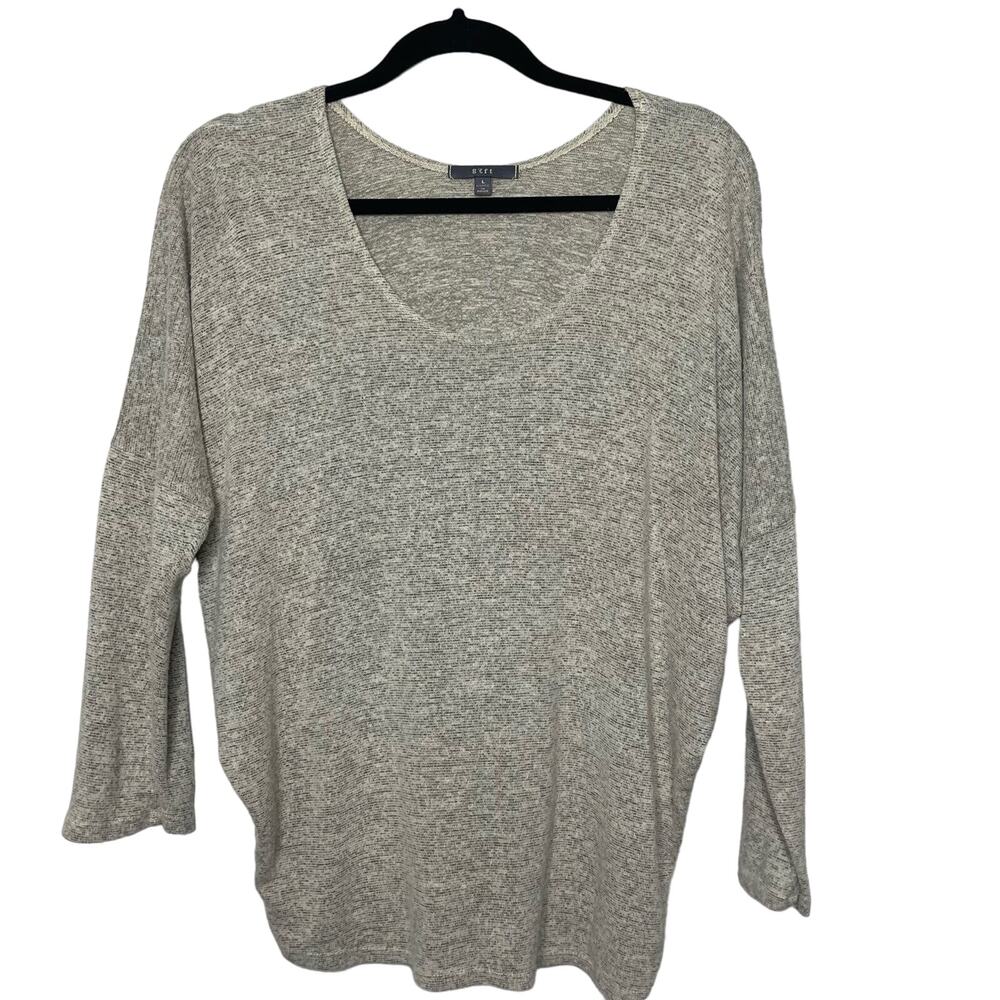 Gyft Long Sleeve Top Scoop Neck Drop Shoulder Sweater Gray Tan Lagenlook‎ L